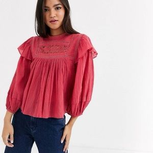 Free People | Laura Cotton Ruffled Top | Red Berry | Size S